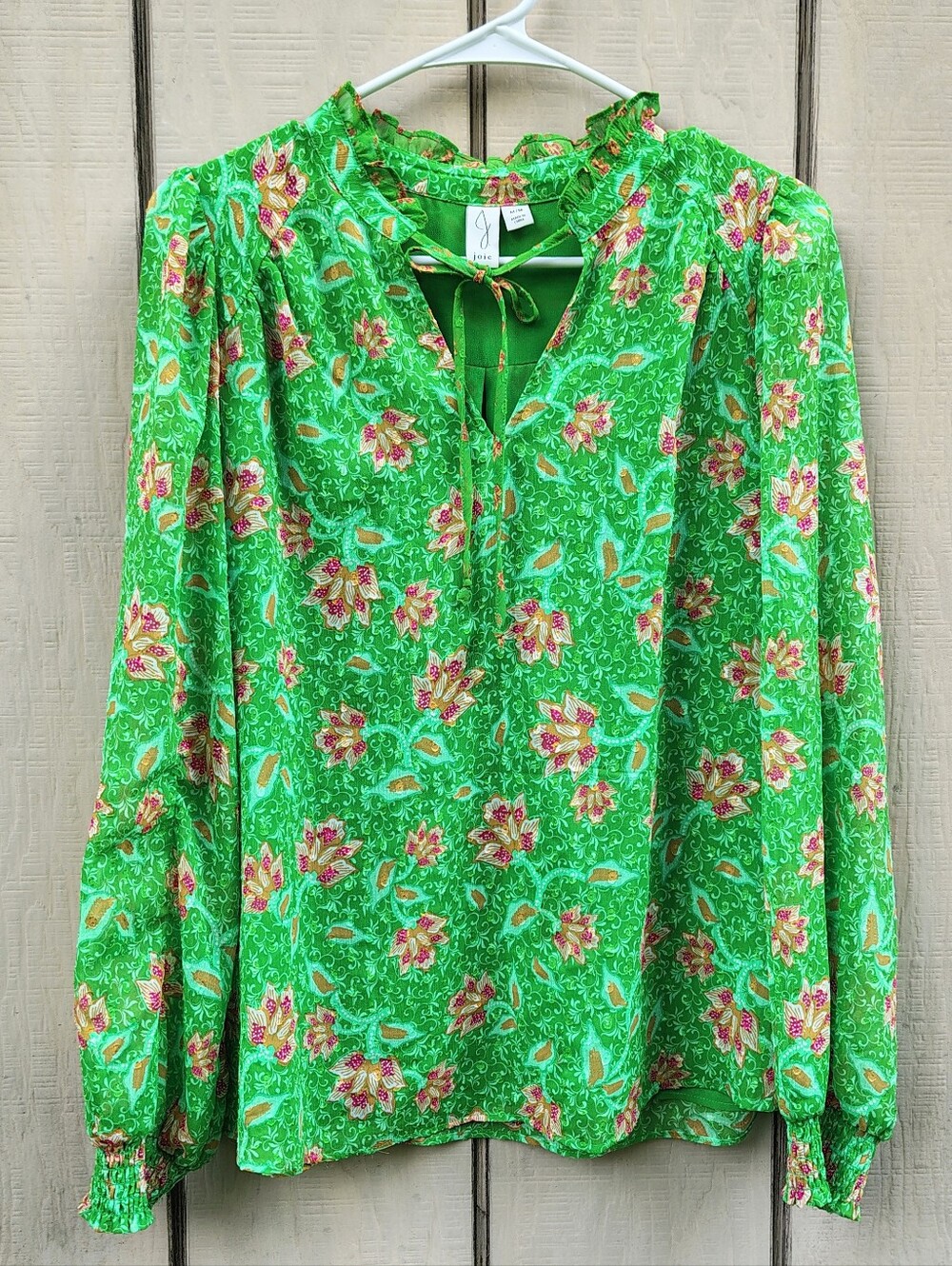 Joie Green Floral Top M Tie Ruffle Neck Long Balloon Sleeve Sheer Lined Flowy